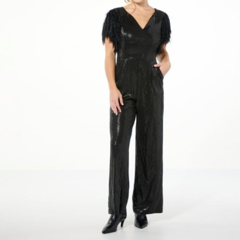 Curations X Nicole Hickl Sequin and Faux Feather Jumpsuit - Size XL - NWT
